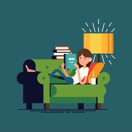 cool vector illustration on woman reading book lying on couch. young adult girl having a rest with good book. girl enjoying good book on couch at home