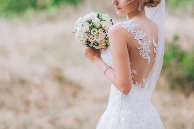 wedding dress, wedding rings, wedding bouquet