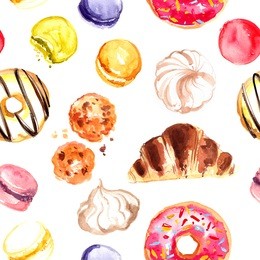 pattern of candy-painted watercolor. donuts, macaroon, coffee. seamless pattern food