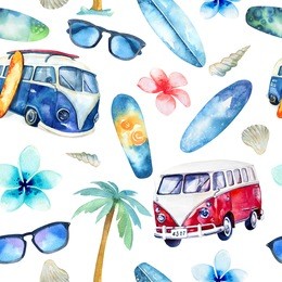 watercolor beach, adventure,, bike, motorollier, tree seamless pattern. watercolour  fun holiday activity, tropical travel illustration. island summer , retro car, surfboard.