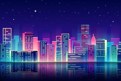 vector night city illustration with neon glow and vivid colors.