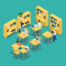 education isometric banner middle school lesson situation with students and teacher in classroom abstract vector illustration