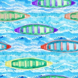 watercolor rowing boats seamless pattern on blue waved background. hand painted race transport illustration. colorful boats race seamless pattern (horizontally)