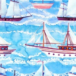 watercolor sailing ships seamless pattern on blue waved background. hand painted marine transport illustration. travel cruise pattern with white sailing yacht in row