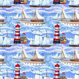 watercolor sailing ships and lighthouse seamless pattern on blue waved background. hand painted marine transport illustration. travel cruise pattern