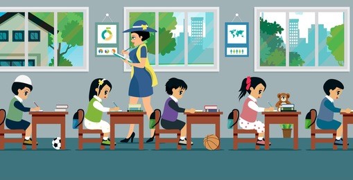 children in class with women teachers are teaching.