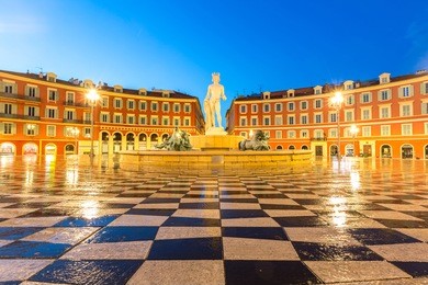 the fountain du soleil on place massena square nice, french riviera, cote d'azur, france