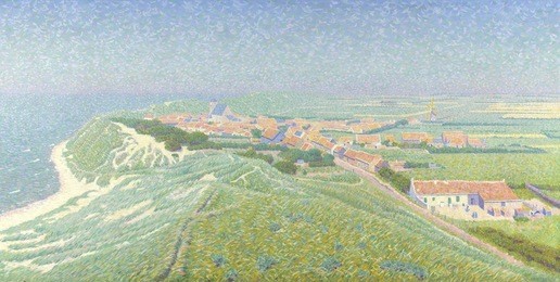 zoutelande on the island of walcheren, by ferdinand hart nibbrig, c. 1900-12, dutch oil painting. post impressionists landscape painted in pointillist technique