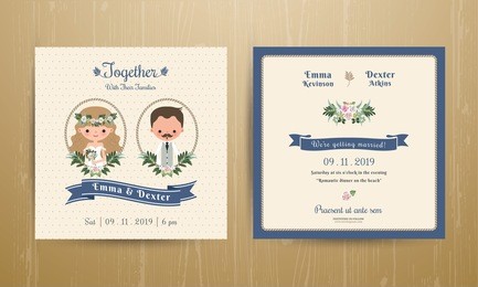 rustic wedding cartoon bride and groom couple invitation card on wood background