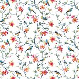 watercolor seamless pattern with birds and flowers, tree, spring wallpaper, pink flower