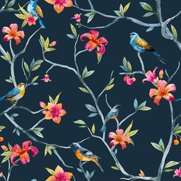 watercolor seamless pattern with birds and flowers, tree, soft spring wallpaper, pink flower, blue little bird, black background