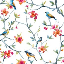 watercolor seamless pattern with birds and flowers, tree, spring wallpaper