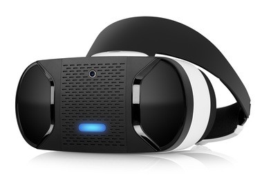 vr virtual reality headset half turned front view isolated on white background. vr is an immersive experience in which your head movements are tracked in 3d world, vr is the future of gaming.