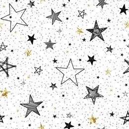 seamless pattern with hand-drawn stars and golden foil stars, abstraction vector illustration on white background.