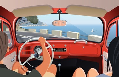 young couple tavelling on coast road in retro car