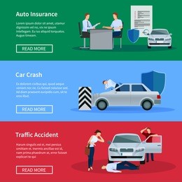 auto insurance horizontal banner set with negotiations damage from car crashes and traffic accidents isolated vector illustration 