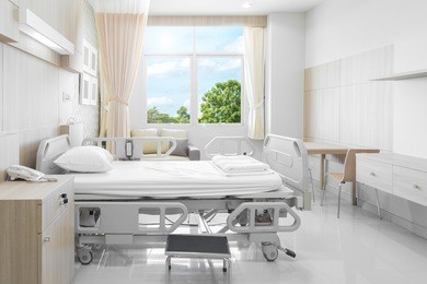 hospital room with beds and comfortable medical equipped in a modern hospital