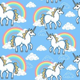 cartoon doodle unicorn with rainbow and clouds seamless pattern background.