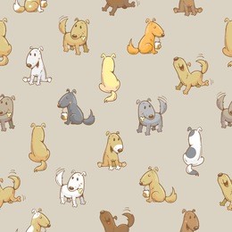 seamless pattern with cartoon funny dogs on gray  background. cute puppies. vector image.