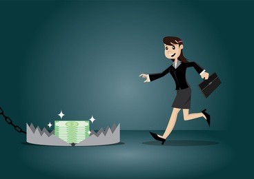cartoon character, business women running go to a traps., vector eps10