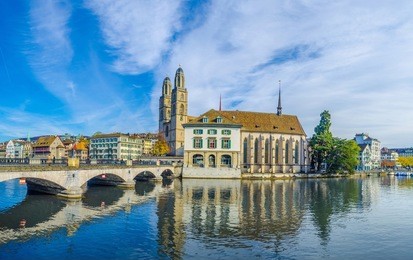 grossmunster (the great cathedral) is the most representative landmark of zurich city, switzerland.