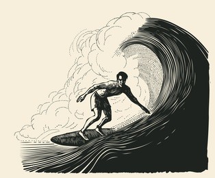 surfer and big wave. engraving style. vector illustration.