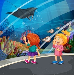two girls looking at stingray at the aquarium illustration