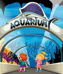 two girls visiting aquarium illustration