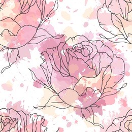 linen hand drawn rose seamless vector pattern on paint spots background