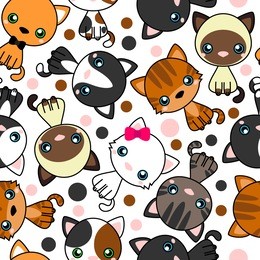 seamless pattern with  black cat, white cat, grey cat, grey and white cat, brown and black act, brown cat. vector illustration cartoon