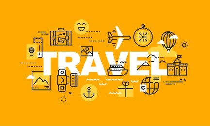 thin line flat design banner for travel web page, holiday trip planning, travel destination, tour organization. modern vector illustration concept of word travel for website and mobile website banners