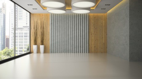 interior of empty room with wooden wall panel 3d rendering 