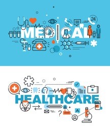 set of modern vector illustration concepts of words medical and healthcare. thin line flat design banners for website and mobile website, easy to use and highly customizable.