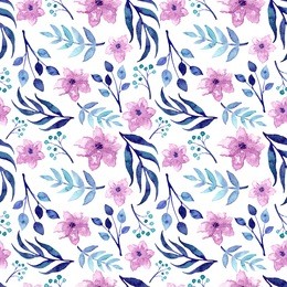 watercolor pink flowers and blue leaves repeat pattern