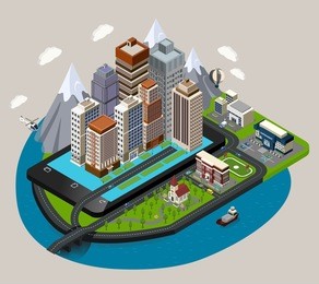 isometric mobile city concept with abstract buildings street skyscrapers placed on the mobile device styled base vector illustration