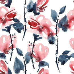 watercolor and ink illustration of red flowers in style sumi-e, u-sin. oriental traditional painting.  seamless pattern.