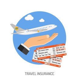 travel insurance flat icon for poster, web site, advertising like hand, aircraft and tickets. vector illustration