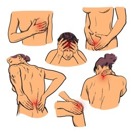 set of different pain syndromes. worried back. stomach ache. pain during menstruation. pain in the neck. pain in the knee stustave. pain in the bones and joints. headache. vector illustration. sketch