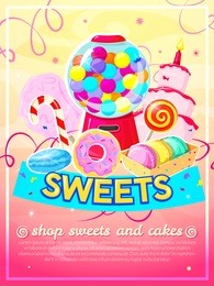 sweets shop poster with delicious candies, colorful vector illustration