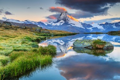 stunning panorama with matterhorn at morning sunrise and beautiful alpine lake,stellisee,valais region,switzerland,europe