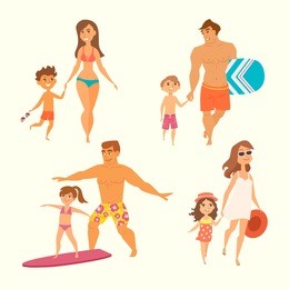 young family with kids on vacation. vector illustration of mother and son go to the beach; man and boy are going to surf; father teaching daughter. funny cartoon characters isolated. summer time.