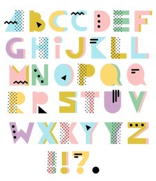 hand drawn alphabet. geometric funny font. colorful vector letters. 80s - 90s style. letters for birthday, holidays greeting. pastel colors