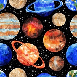 seamless pattern with the planets of the solar system on black background. mercury, venus, earth, mars, jupiter, saturn, uranus, neptune, pluto. watercolor illustration