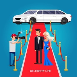 vector detailed character rich and beautiful celebrities, man in tails and blond woman in evening dress walking on a red carpet with limousine