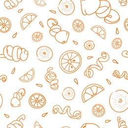 citrus fruits, segments, orange-peels and seeds seamless pattern. vector doodle illustration