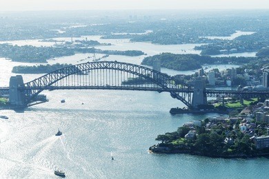 sydney harbour bridge. aerial view from helicopter on a beautiful day.