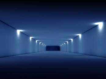 abstract long dark empty tunnel interior with blue lights illumination. digital 3d render illustration