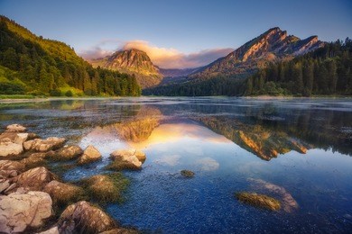fantastic views of the turquoise lake obersee under sunlight. dramatic and picturesque scene. location famous resort: nafels, mt. brunnelistock, swiss alps. europe. artistic picture. beauty world.