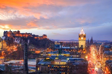 old town edinburgh and edinburgh castle at night, scotland uk