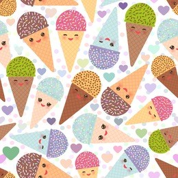 ice cream waffle cone seamless pattern kawaii funny muzzle with pink cheeks and winking eyes, pastel colors on white background. vector
